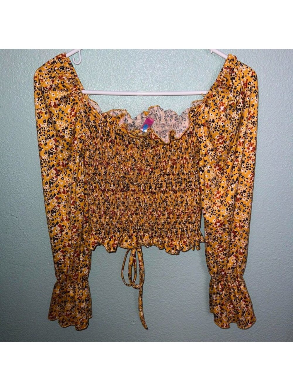 Yellow floral blouse with ruffles and tie detail fits like a s/m #floral #boho
